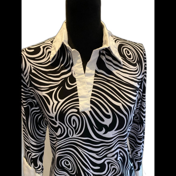 Worthington Blouse Sz Large Abstract Black & White Print Collared Top + Stretch - Picture 1 of 11